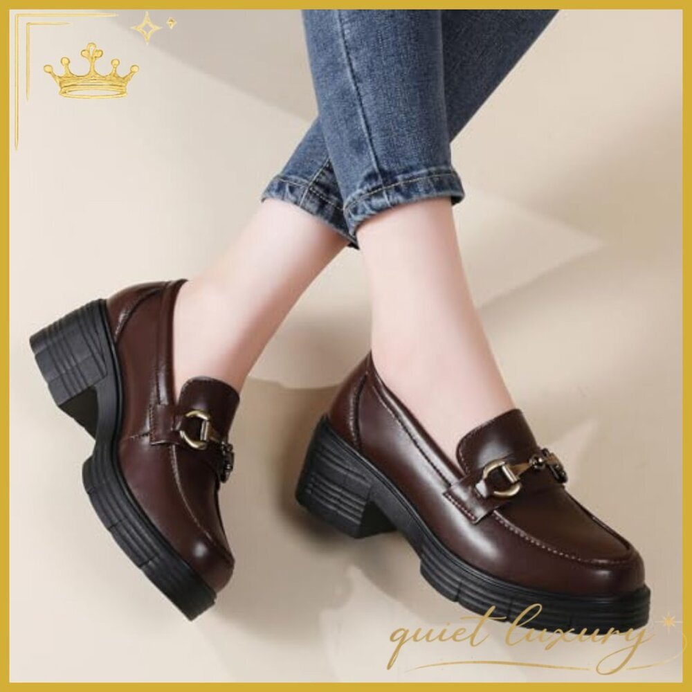 Leather Platform Loafers with Gold Buckle, Chunky Heel Slip-Ons - Picture 4 of 7